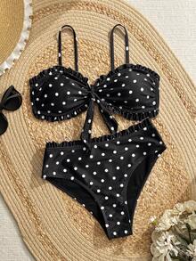 Swim Lushoire Ensemble de bikini à la mode et sexy pour femmes avec imprimé à pois, style influenceur vacances, printemps/été - Noir - Voir 7