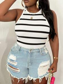 Veslaya Plus Size Women's Striped Colorblock Round Neck Tank Top Casual - Multicolor - View 5