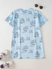 GARFIELD | SHEIN Tween Girl Cartoon Print Cute Round Neck Short Sleeve Pajama Dress - Blue - View 2