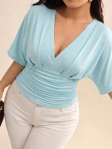 Auralis Deep V-Neck Mint Green Plus Size Short-Sleeved T-Shirt With Gathered Waist For A Slimming Effect, Perfect For Summer Commuting And The Workplace. - Mint Blue - View 1