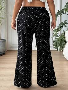 SHEIN EZwear 大尺碼女款圓點印花高腰口袋喇叭褲 - 黑色 - 查看 2