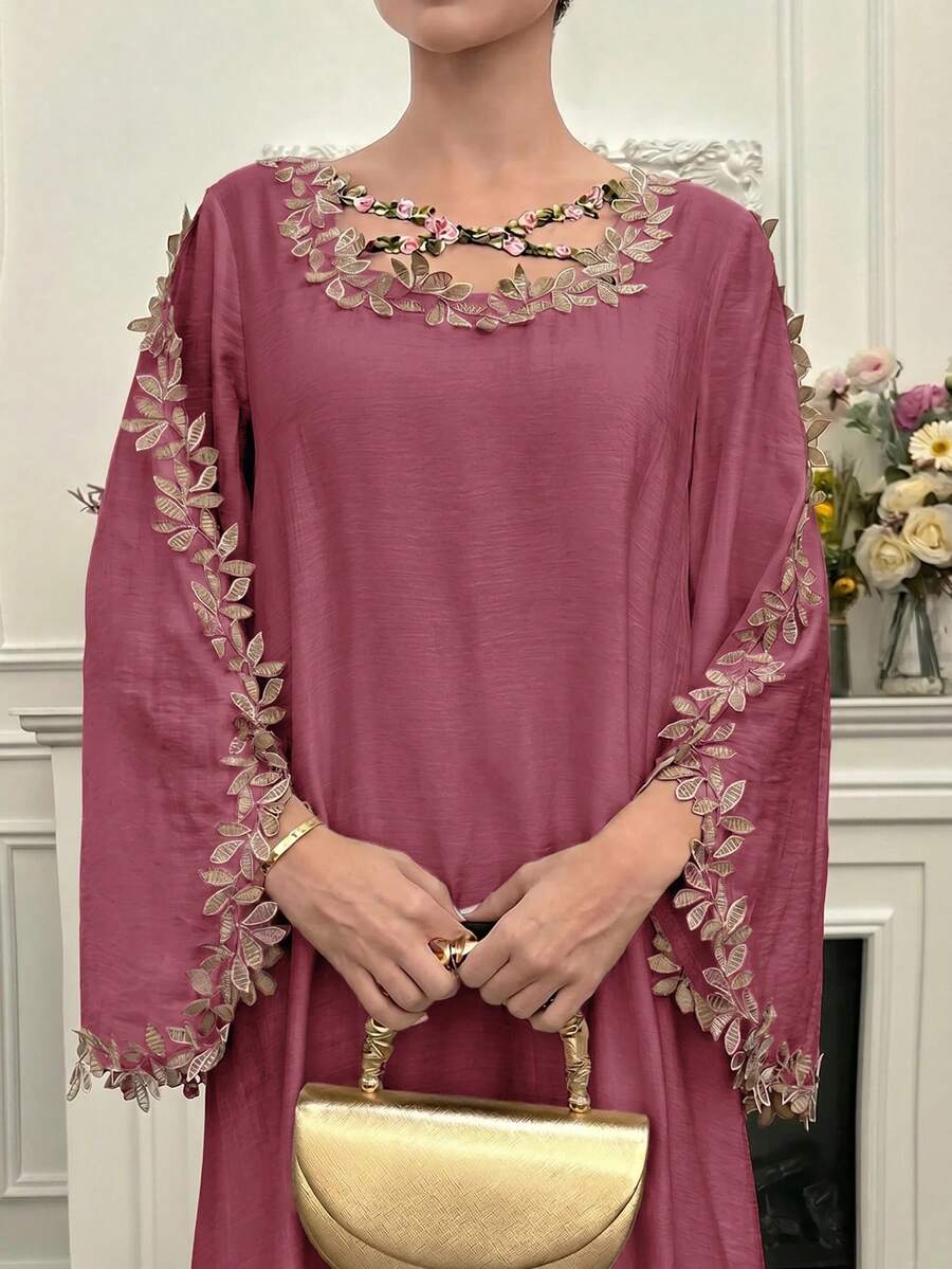 Yasmyna Women's Round Neck Solid Color Elegant Arabian Dress With Applique Decoration - Pink - View 1
