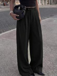 DAZY High Waist Plicated Detail Straight Leg Trousers - Black - View 9