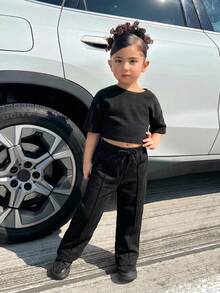 SHEIN 2件組/套 青少女純色針織短版休閒T恤與內搭褲套裝 - 深灰色 - 查看 7