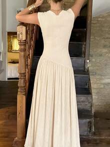 Firerie Abito lungo estivo da donna minimalista ed elegante, casual da pendolarismo quotidiano, vestibilità aderente, in maglia testurizzata color albicocca, maniche a cappuccio, scollo quadrato e rotondo, vita bassa con design vita stretta, linea ad A, effetto snellente, outfit da insegnante, abito per vacanze estive e spiaggia - Albicocca - Visualizzare 2