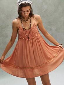 Bohemela Casual Boho Woven Solid Color Spaghetti Strap Mini Dress For Women, Spring/Summer Vacation Light Orange Vacation - Burnt Orange - View 4