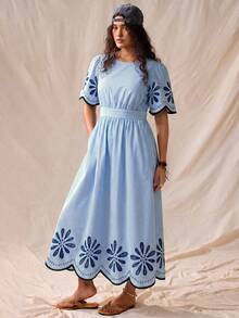 Nubod Women's Plus Size Blue Striped Long Dress, Round Neck, Half Sleeve, Placed Print, Cinched Waist, Large A-Line, Ruffle Hem, Exquisite Elegant, Suitable For Bestie Party, Afternoon Tea, Commute, Street, Daily Casual, Beach, Seaside Vacation, Blue Women's Plus Size Long Dress - Multicolor - View 5