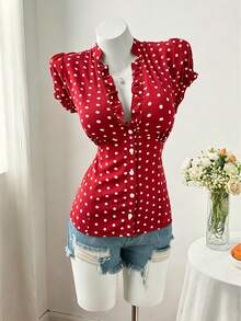 Sweetra Áo blouse nữ size lớn phong cách thời trang tối giản đa năng, họa tiết chấm bi độc đáo, thanh lịch ngọt ngào, tay ngắn, dáng ôm slim fit - Đỏ - Xem 4