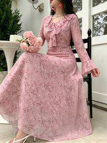 Modelyn Elegant & Romantic Floral Print Long Dress For Outdoor Wear - Pink - View 1