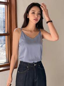 DAZY 女款素色休閒百搭日常出遊細肩帶上衣 - 藍色 - 查看 5