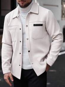 Manfinity CasualCool 男士纯色休闲长袖大衣，适合秋冬季节穿着，米白色纽扣大衣 - 杏色 - 查看 3