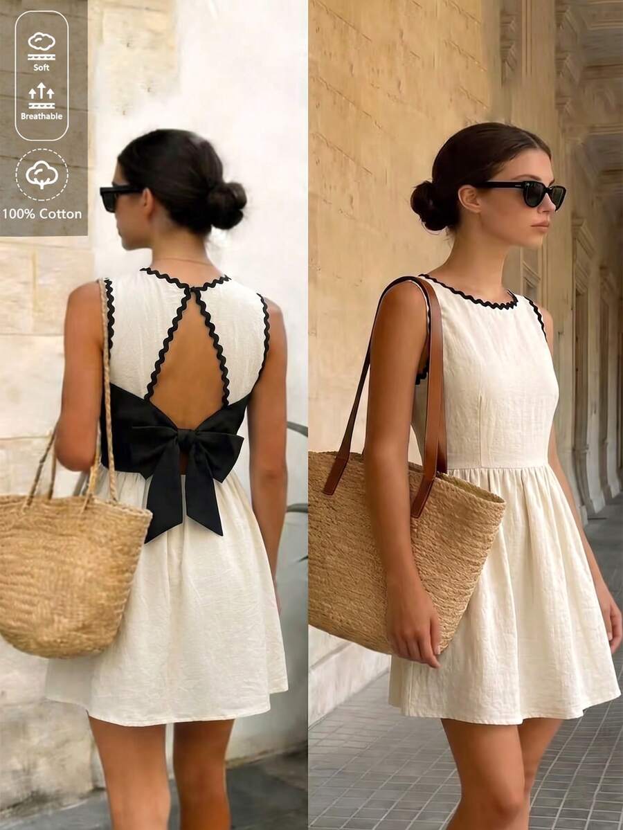 SHEIN PariChic 女款春夏新款杏色與黑色對比波浪飾邊收腰無袖短洋裝,適合休閒、通勤、度假、節日、約會、海灘及日常穿著 - 米色 - 查看 1