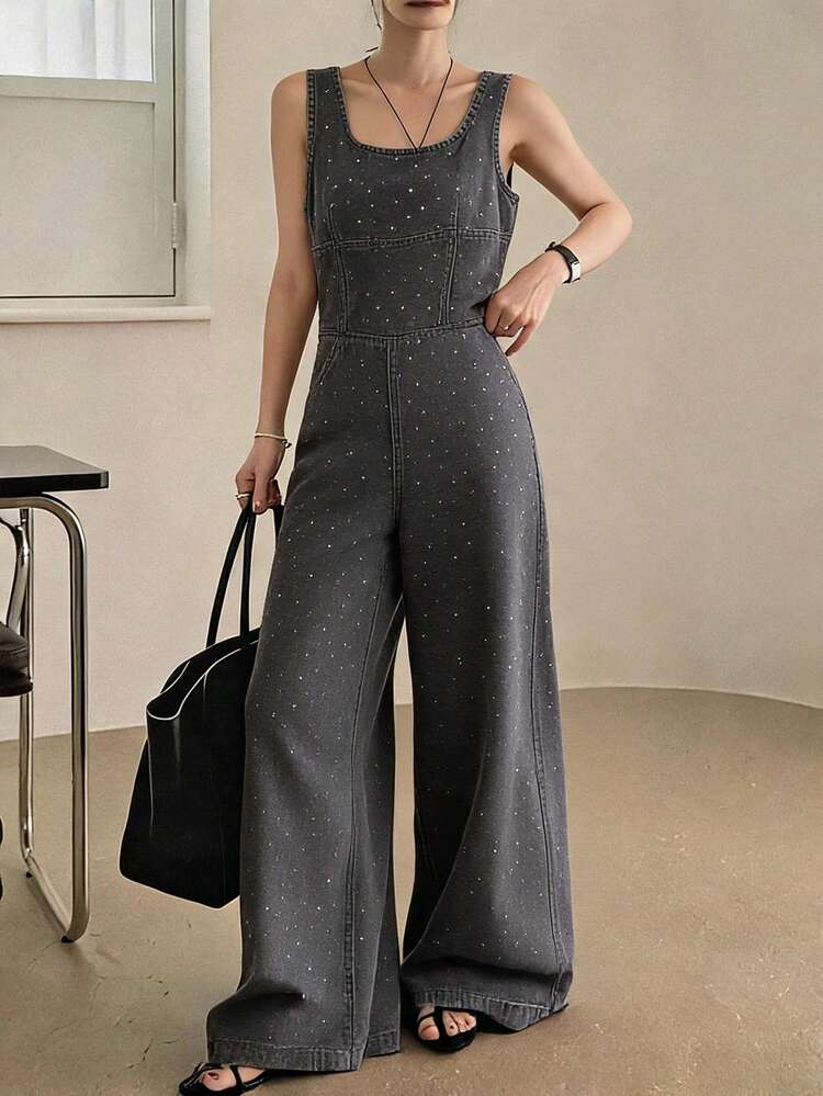 Women's Summer Casual Rhinestone Embellished Round Neck Sleeveless Wide Leg Denim Jumpsuit