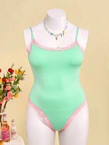 SHEIN 浪漫蕾丝撞色极简蕾丝拼接连体衣，春夏款 - 彩色 - 查看 6
