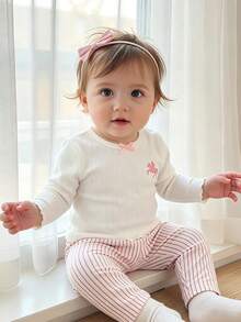 SHEIN Vintaside Kids Baby Girls' 3D Bow Decor Top & Ribbed Pants 2pcs Pajama Set - Multicolor - View 4