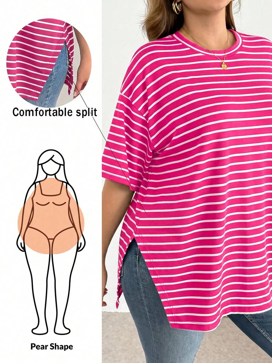 Shapeblank Plus-Size Women's Spring/Summer Fashionable Casual Loose Comfortable Everyday Basic Versatile Black And White Striped Short-Sleeved Super Loose T-Shirt,Summer Outfits,Oversize Tops,Simple Style,Work Tops - Hot Pink - View 1