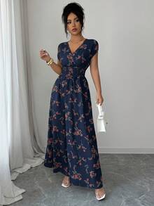 Elenzga Spring/Summer V-Neck Floral Print Pleated Dress - Navy Blue - View 5