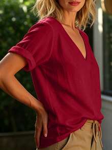 Balvessa Women's Solid V-Neck Casual Versatile Daily Wear Shirt - Burgundy - View 3