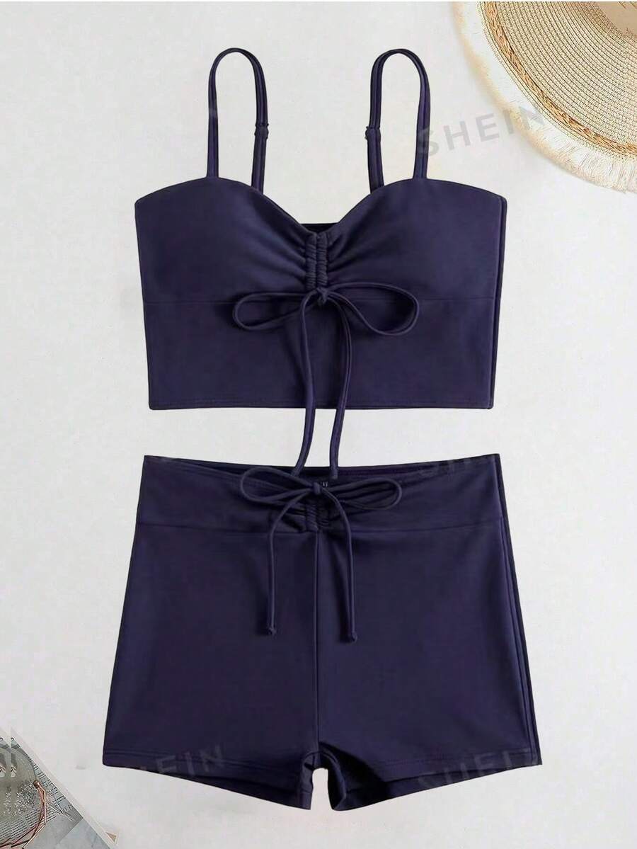 SHEIN Swim 女款純色度假繫帶抓皺背心與短褲泳裝兩件套 海灘深藍色夏季性感 - 藏蓝色 - 查看 1