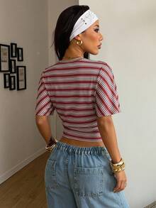 Coolane Women's Summer Minimalist Y2K Basic Daily Wear Casual Back To School Streetwear Stretchy White Loose Ruched Crop Tees - Red - View 7