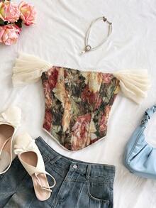 Soleia Áo quây bustier nữ phong cách vintage court đi nghỉ, in jacquard hoa nhiều màu, đính nút trước và buộc sau, dạng tube, thanh lịch, hẹn hò - Nhiều màu - Xem 5