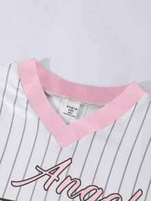 SHEIN 青少年女孩休闲运动衫、字母和数字印花 V 领 T 恤 - 彩色 - 查看 3