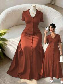 Elenzga Vestido Maxi Elegante para Mujer Talla Grande, unicolor, Cuello Solapa, Cintura Ceñida, Decoración de Botones, Falda Línea A, Lazo en la Espalda, Manga Corta, Estilo Conmutador - Óxido marrón - Ver 1