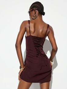 Aveloria GENKIRA Women's Solid Color Spaghetti Strap Pleated Hem Drawstring Back Design Commuter Short Dress - Brown - View 2