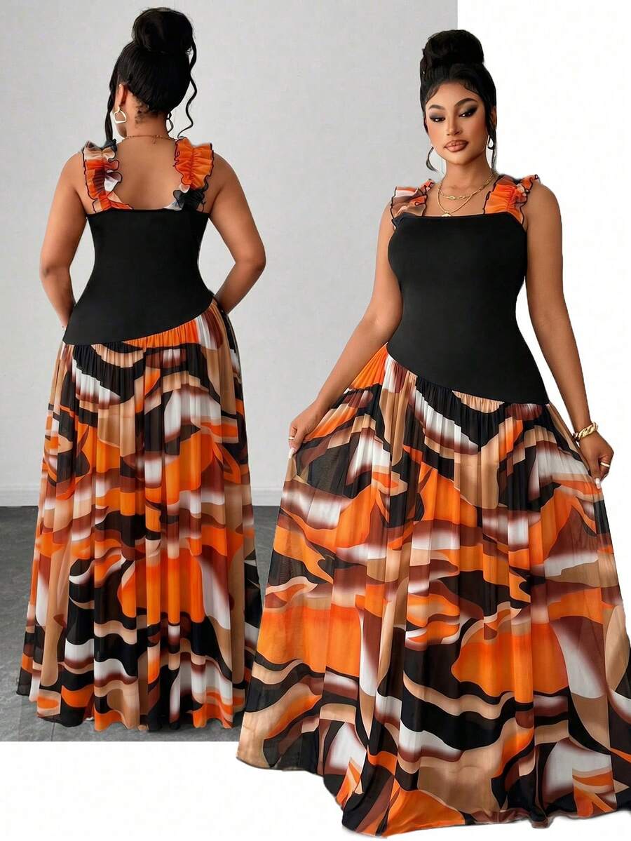 Maweii Plus Size Women's Sleeveless Color Block Casual Elegant Curve Dress Suitable For Summer Vacation Outings Elegant Loose Long Dinner Wedding Guest Black - Multicolor - View 1