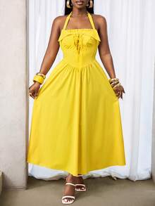 BamGleam Vestido de princesa con cordón ajustable y fruncido tipo halter para mujer de vacaciones - Amarillo - Ver 4