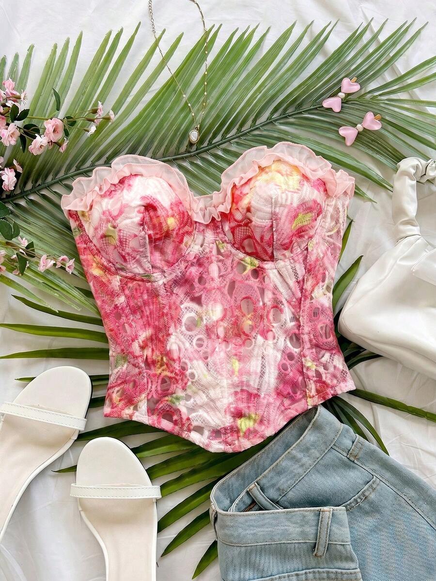 Soleia 女款浪漫春夏度假雛菊刺繡紋理印花3D花卉裝飾胸衣上衣,休閒約會情人節下午茶海灘郵輪公路旅行城市度假音樂節派對波希米亞波西米亞嬉皮西式風格,內搭/外穿,四季日常通勤 - 粉色 - 查看 1