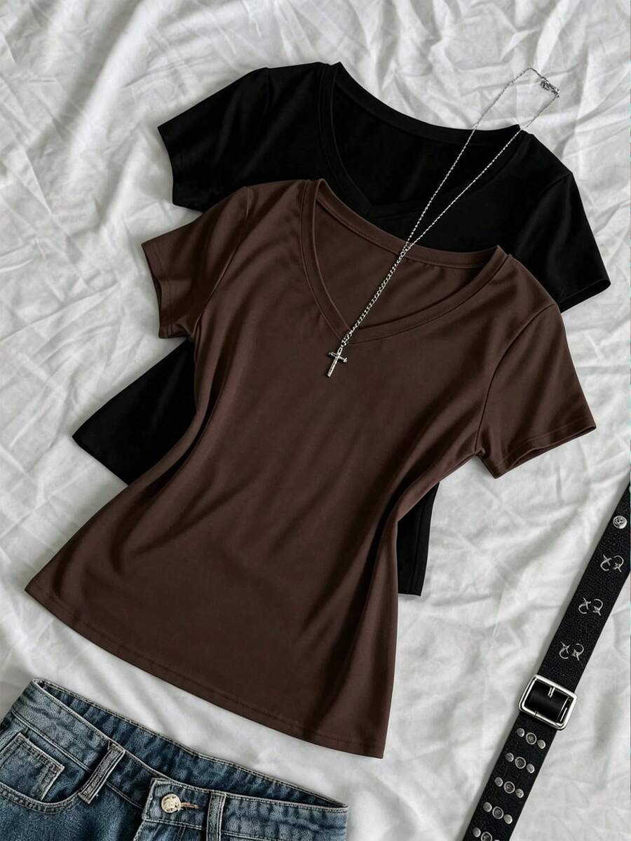 Flirla Plus Size V-Neck Short Sleeve Fitted Cinched Waist T-Shirt - Brown - View 1