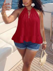 Slaydiva Elegant Red Halter Neck Ruffle Hem Tank Top For Women, Stylish Sleeveless A-Line Camisole For Spring And Summer, Minimalist Casual Vacation Outing - Red - View 3