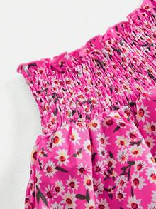 SHEIN Tween Girls Solid Color Striped Cross-Neck Top And Floral High-Waist Cake Skirt Two Pieces Set, Vacation, Suitable For Spring Vacation, Music Festival, Back To School, Party Lunch Cute And Interesting Garden Afternoon Tea - Multicolor - View 4