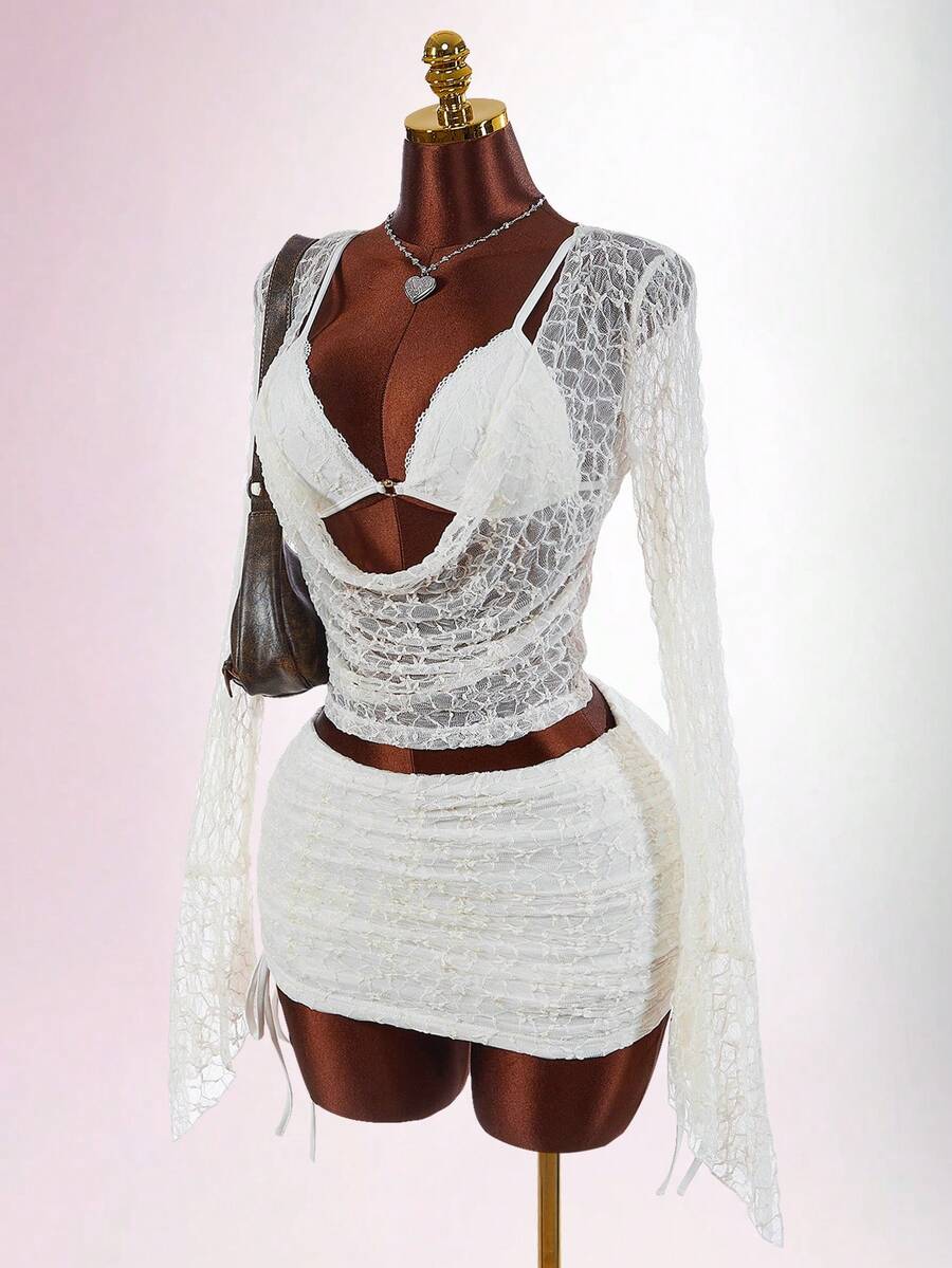 Amplova Conjunto de 2 piezas de lencería sexy con top de encaje y camiseta de corte bajo para vacaciones románticas de primavera - Albaricoque - Ver 1