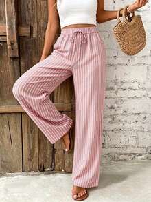 SHEIN Frenchy Quần dài nữ ống rộng dáng suông, eo dây rút, họa tiết kẻ sọc phối màu, phong cách thường ngày đi du lịch - Hồng - Xem 5