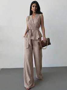 Firerie 女款夏季極簡優雅時尚日常通勤寬鬆百搭休閒V領無袖收腰彈性腰直筒褲米色兩件套，女款休閒套裝，女款夏季穿搭，度假穿搭 - 咖啡棕 - 查看 5