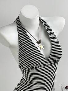 SHEIN Unity 夏季性感條紋貼身掛脖綁帶針織連身褲女款 - 黑與白 - 查看 7