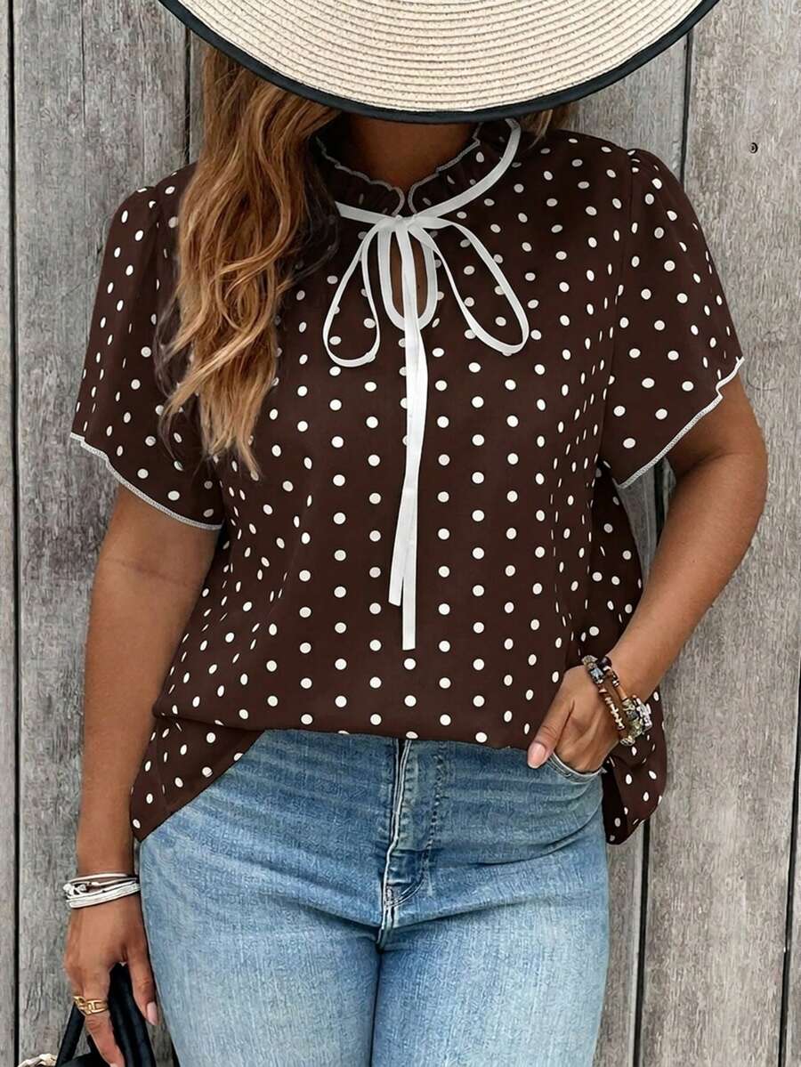 SHEIN Clasi Plus Size Women Polka Dot Pattern Tie Neck Short Sleeve Blouse - Coffee Brown - View 1