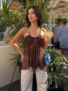 Top camisola elegante bohemio para vacaciones de mujer, decoración de cuentas marrones, dobladillo en línea A, malla de punto transparente, estilo callejero boho, vibra tropical sexy - Marrón - Ver 7