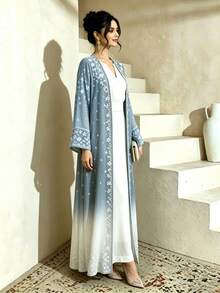 SHEIN Najma White Ditsy Floral Maxi Abaya Dress, Elegant Long Sleeve Cardigan Outerwear For Spring & Autumn, Ombre Blue Floral Pattern Robe, Arabic Style Clothing - Multicolor - View 5