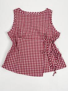 Sweetra Plus Size Women Red And White Plaid Sleeveless Tie-Front Design Waist-Cinching Slimming Fit Minimalist Kawaii Fashionable Round Neck Blouse Summer - Red and White - View 7