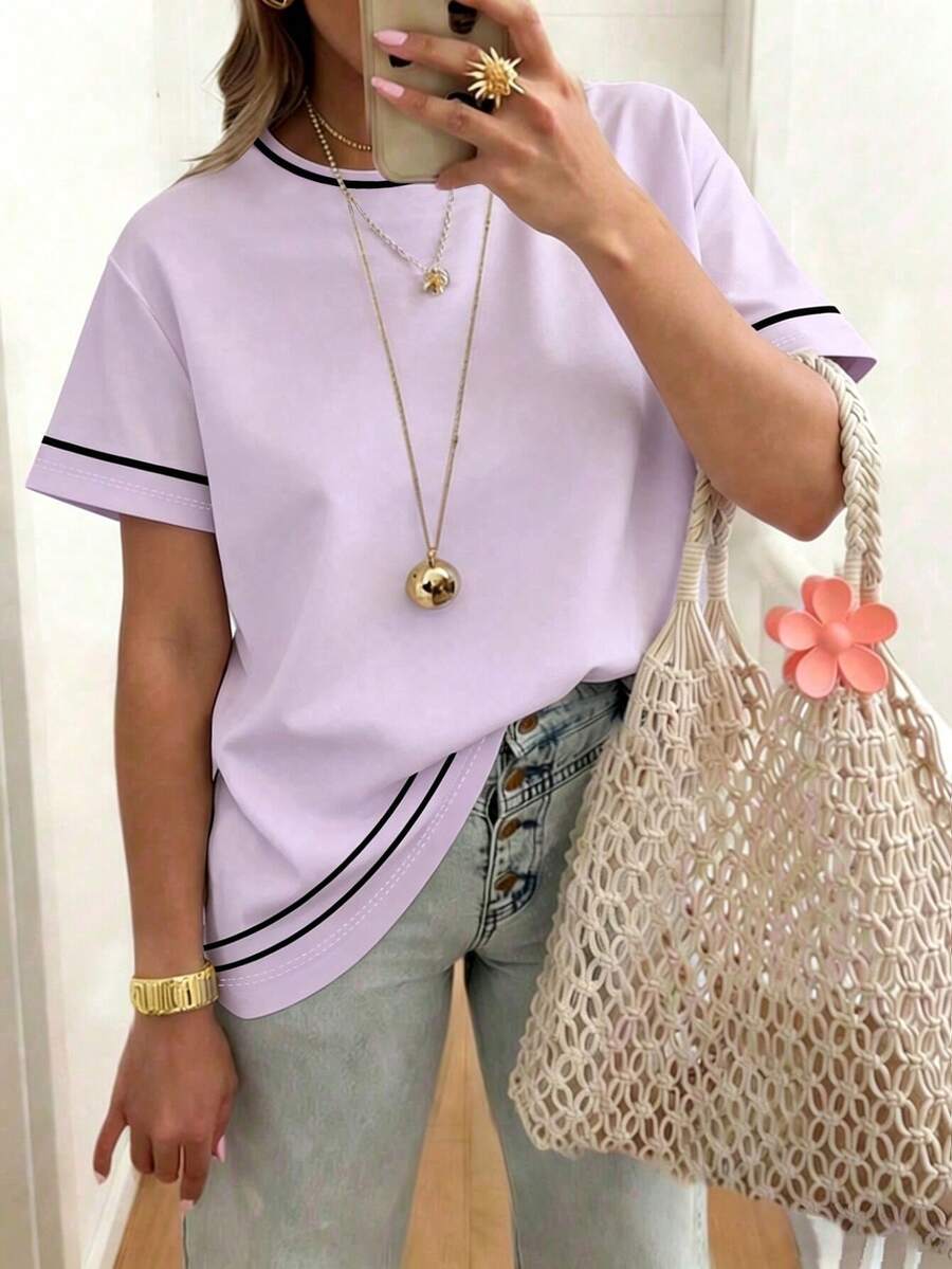 EMERY ROSE Sweet Striped Print T-Shirt,Black,Summer,Casual,School Wear For Spring Autumn,Cute Stylish Retro Comfortable Versatile Tee For Women - Hot Pink - View 1