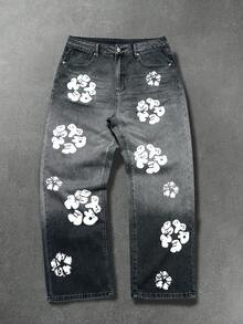 Manfinity EMRG Men's Street Gradient Washed Floral Print Loose Straight Leg Wide Leg Jeans - Black - View 4