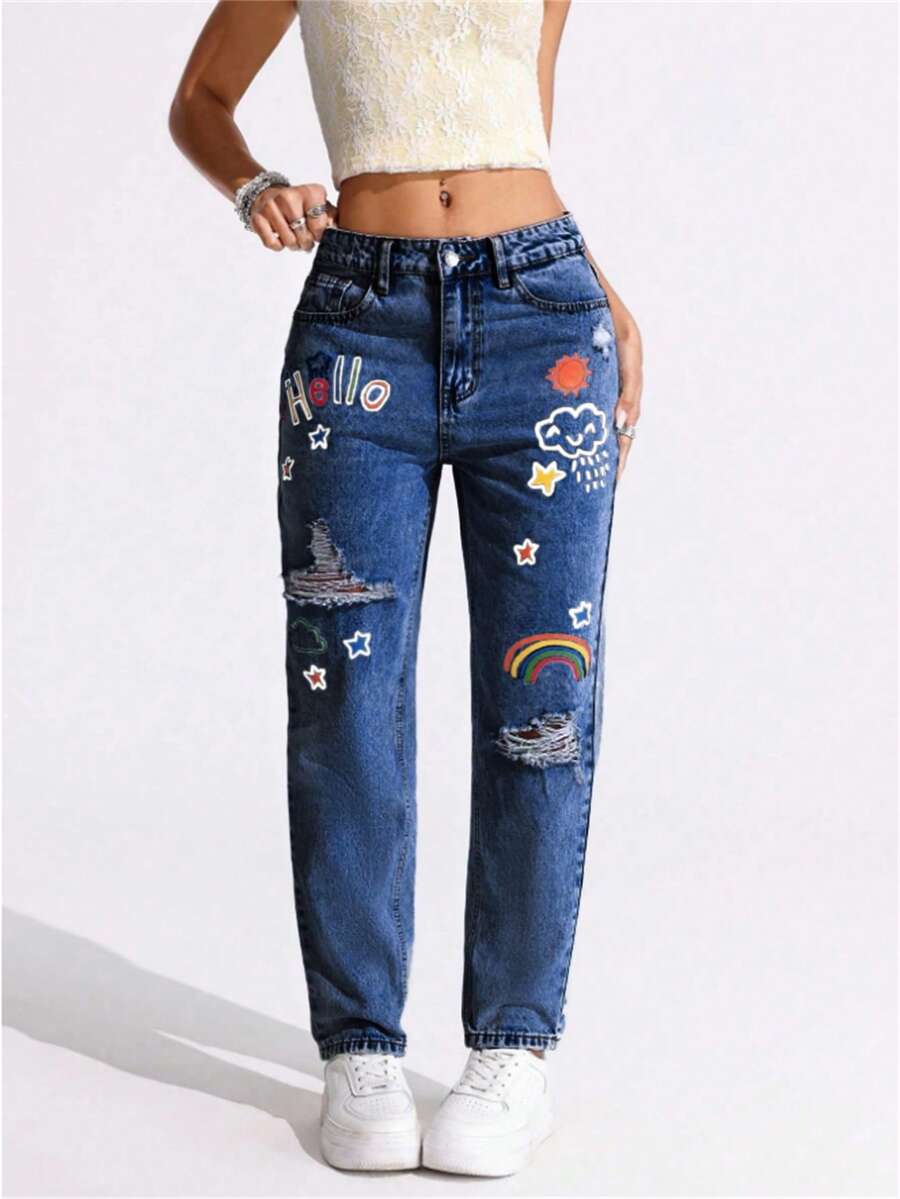 SHEIN EZwear 大码女式休闲时尚街头日常通勤趣味卡通印花破洞紧身牛仔裤 - 中等水洗藍 - 查看 1