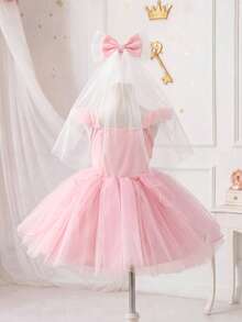 SHEIN Glamorique Kids 女嬰公主洋裝，細肩帶荷葉袖，粉色薄紗裙，3D花朵，派對穿搭，舞會禮服，畢業禮服，夏季洋裝 - 粉色 - 查看 5