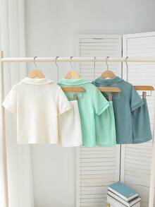SHEIN 幼童男孩 6 件組紋理 Polo 領上衣褲子套裝 初秋返校休閒童裝穿搭 - 彩色 - 查看 2