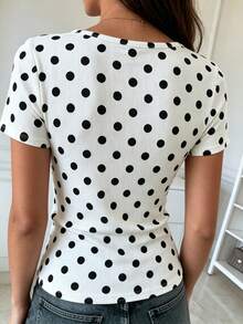 EMERY ROSE Fitted Casual V-Neck Metal Button Half-Zip Short Sleeve T-Shirt - Black and White - View 2