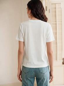 Anewsta Damen Rundhals Shirt mit Strass-Kirschprint, vielseitig tragbar für den täglichen Gebrauch, Kurzarm - Weiss - Übersicht 3