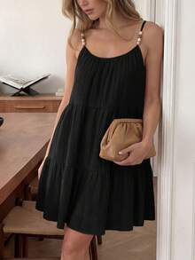 Easowa Layered Ruffle Hem A-Line Umbrella Dress, Spaghetti Strap Casual Ruched Chiffon Fabric Dress, Elegant Commuter & Holiday Style For Women, Spring/Summer - Black - View 4